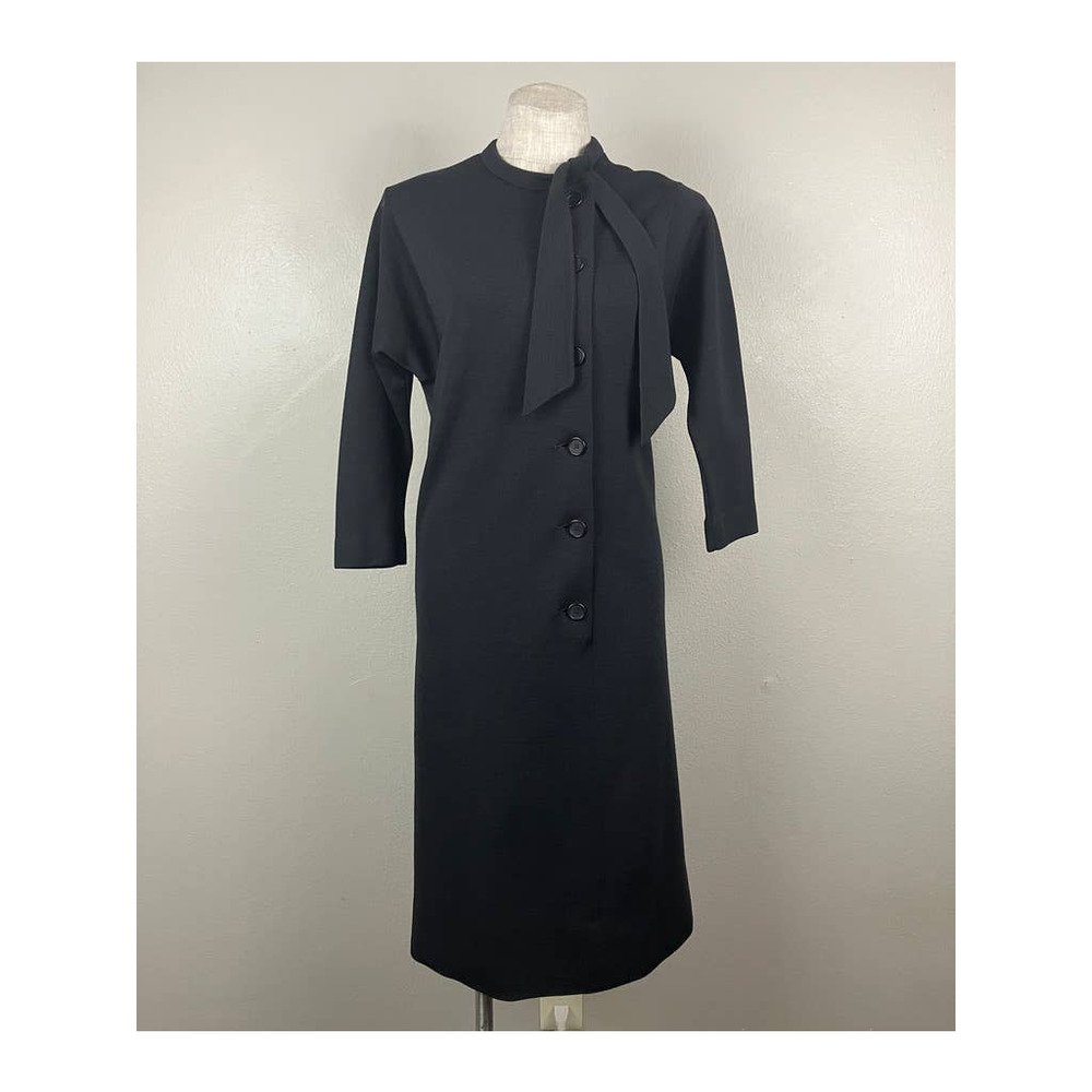 Vintage Kimberly 60s Black Wool Dress Womens S/M Classy Sheath Neck Tie LBD